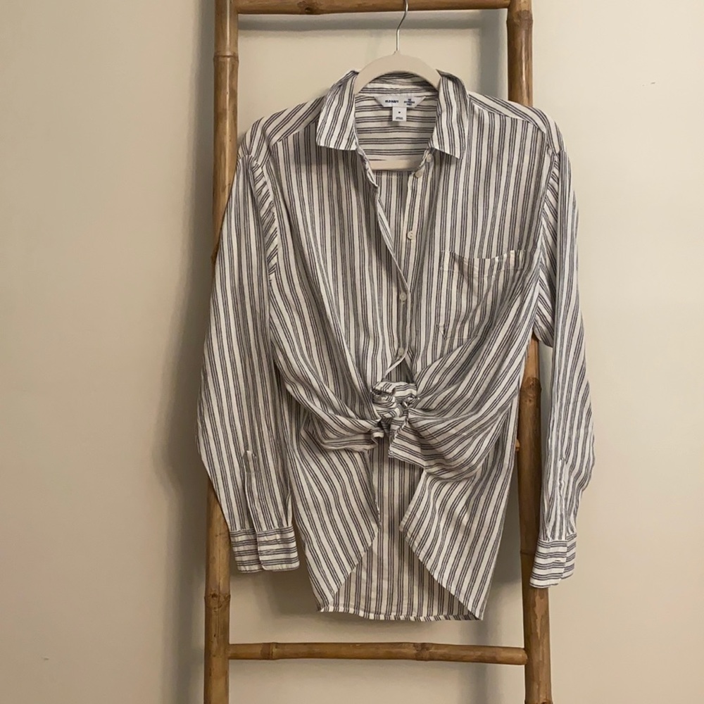 Old Navy Linen Boyfriend Shirt Black and White Stripe